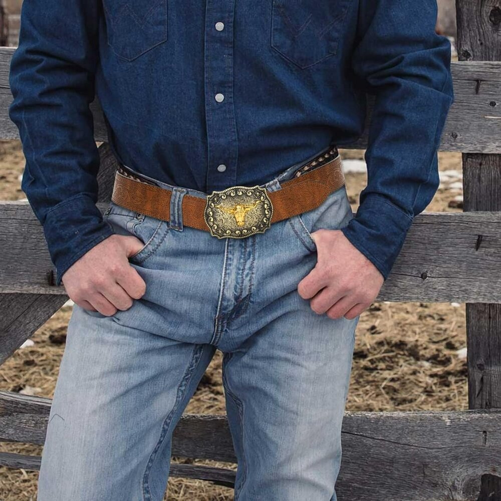 Western Cowboy Belts for Men Women - Bull Buckle Vintage Floral Engraved Belt fo - Picture 5 of 6